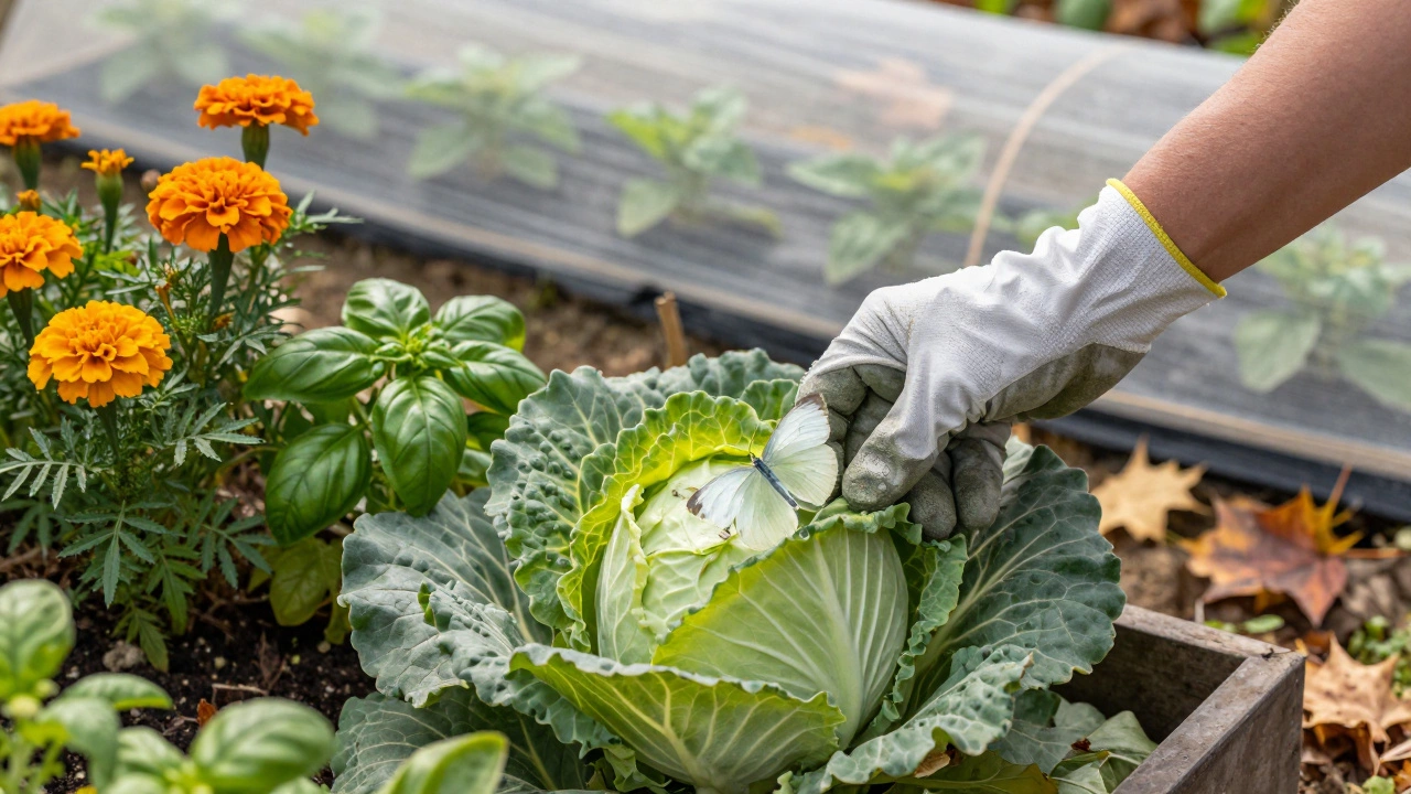 Рука садовника убирает бабочку, рядом посажены бархатцы и укроп.