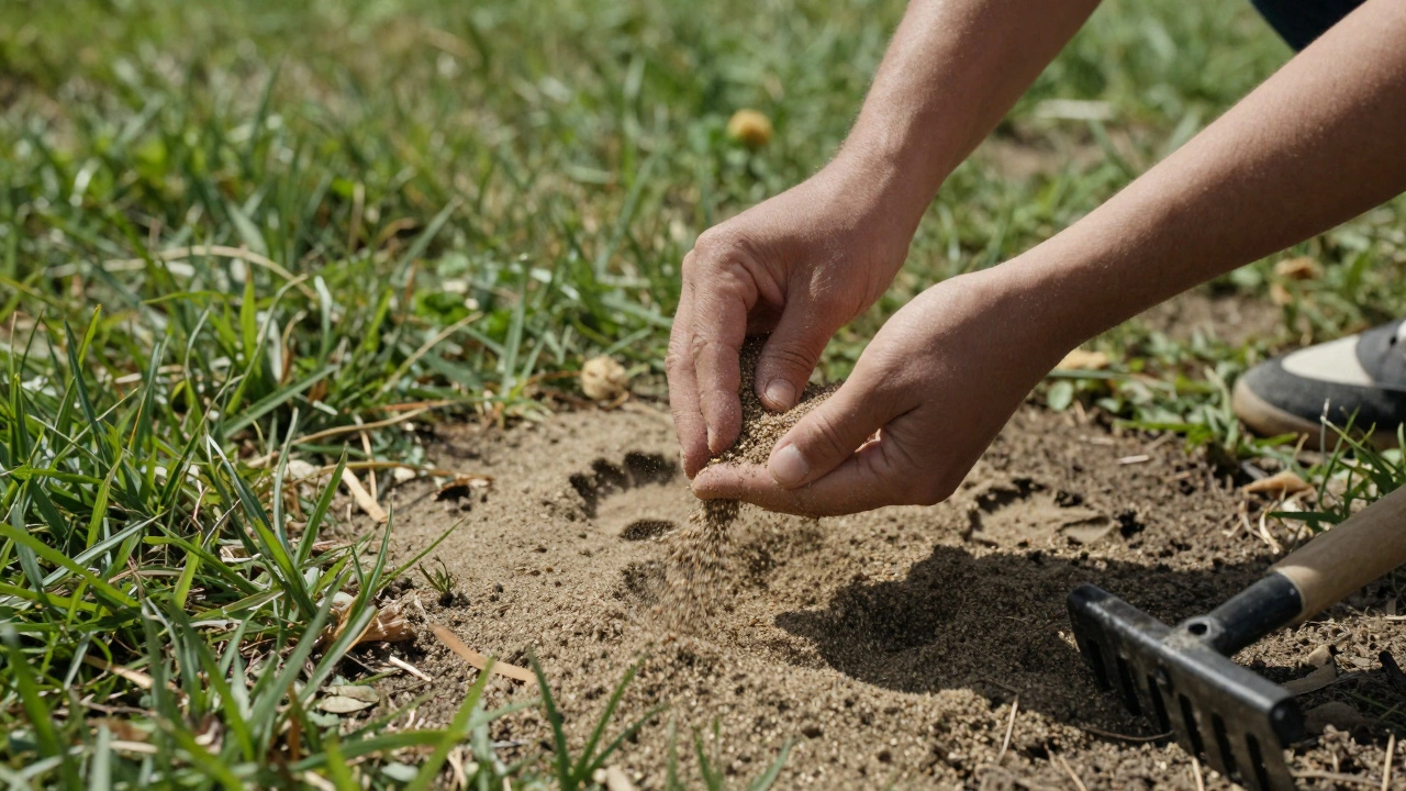 Руки равномерно посыпают смесь семян и песка на неровный газон.