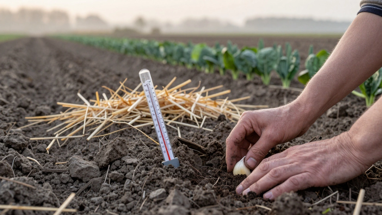 Руки сажают чеснок в прохладную землю с термометром на фоне.
