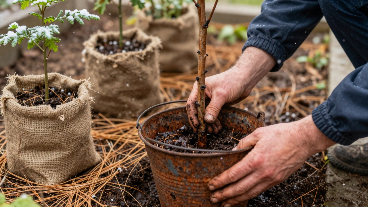 Руки снимают ведро с поврежденного саженца, вокруг — правильно укрытые растения.