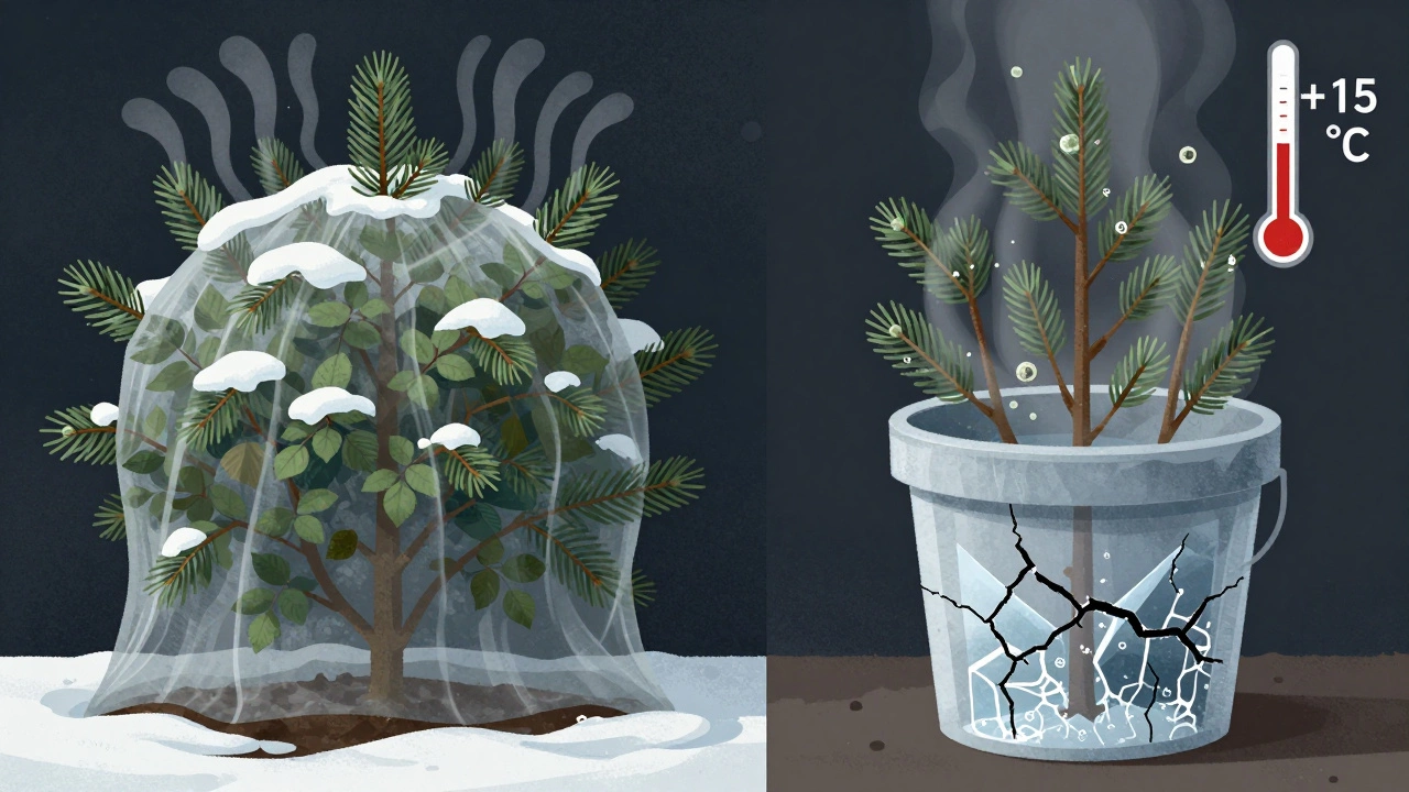 Сравнение: растение под лапником и под герметичным ведром с льдом внутри.