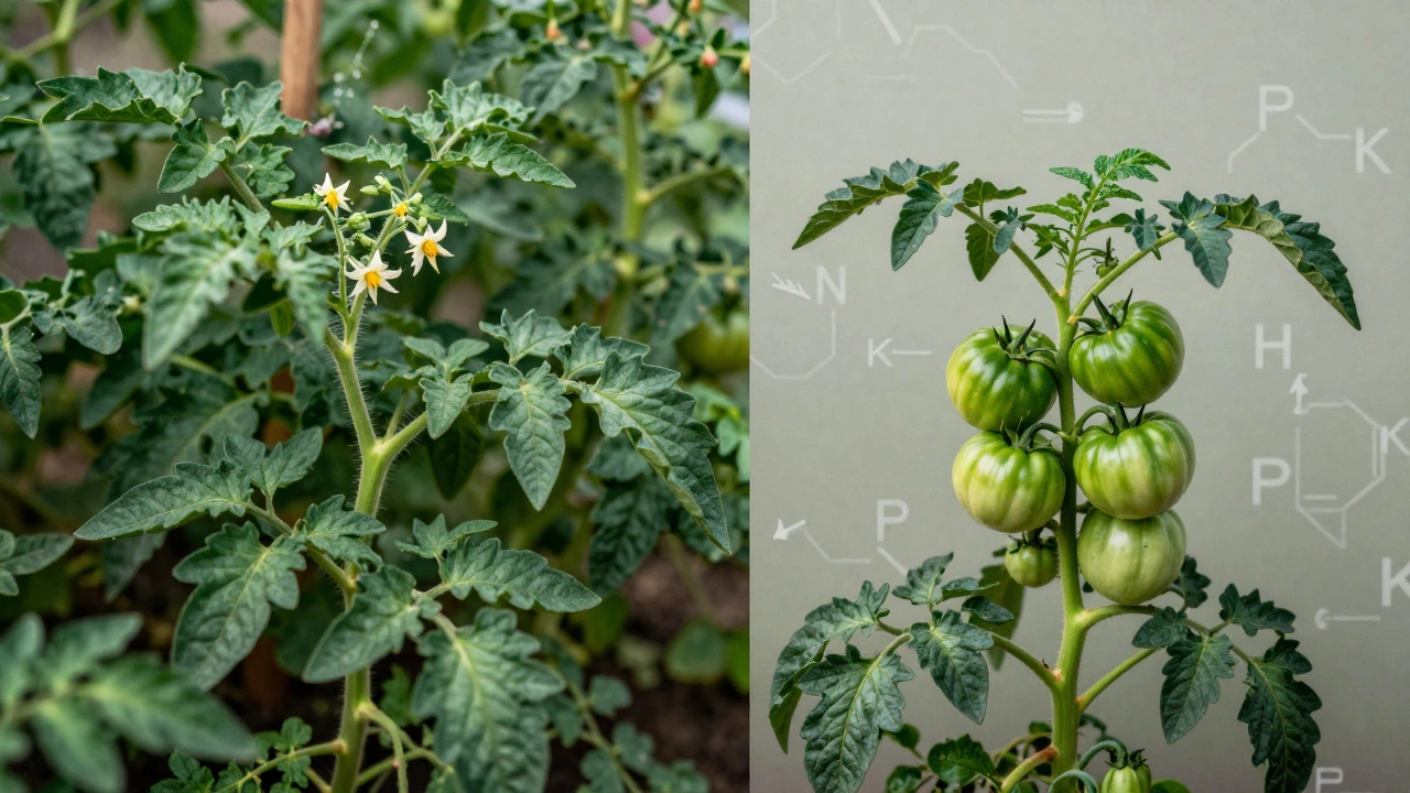 Сравнение здорового растения с избыточной зеленью и правильно сбалансированного с плодами.