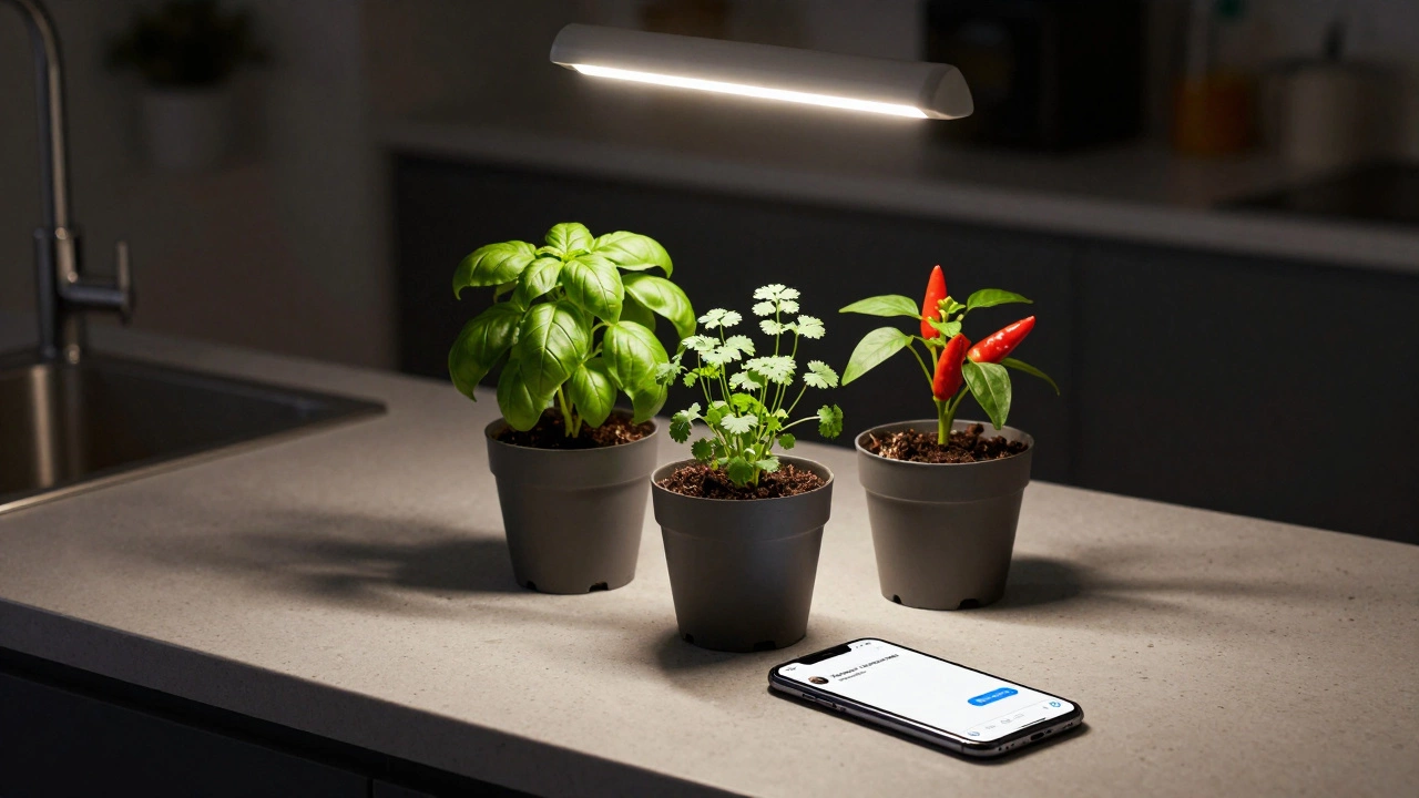 Три горшка с зеленью на кухне под лампой, на столе телефон с сообщением о заказе.