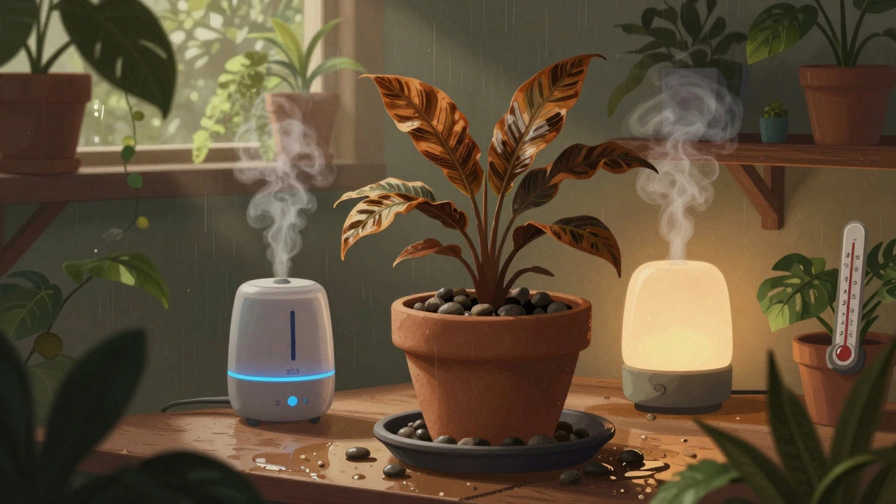 Тропическое растение с сухими краями листьев на поддоне с влажной галькой и увлажнителем.