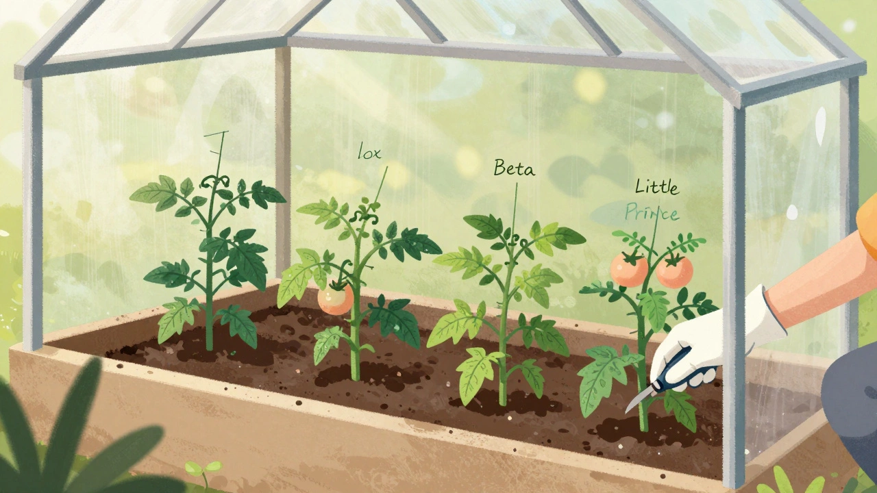 В маленькой теплице четыре низкорослых помидора у стен, без опор, с зелёной листвой и розовыми плодами, утренний свет.