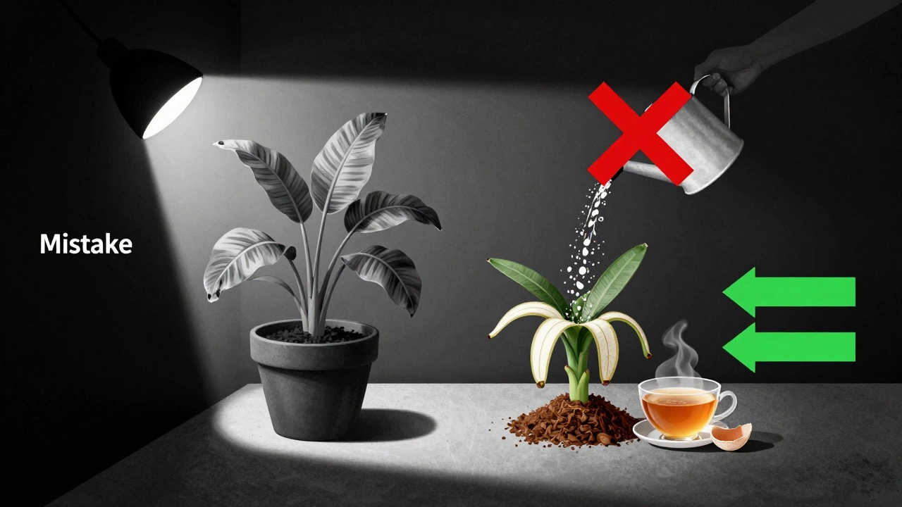 Вянувшее растение под меткой 'Ошибка' рядом с цветком, растущим на органических удобрениях.