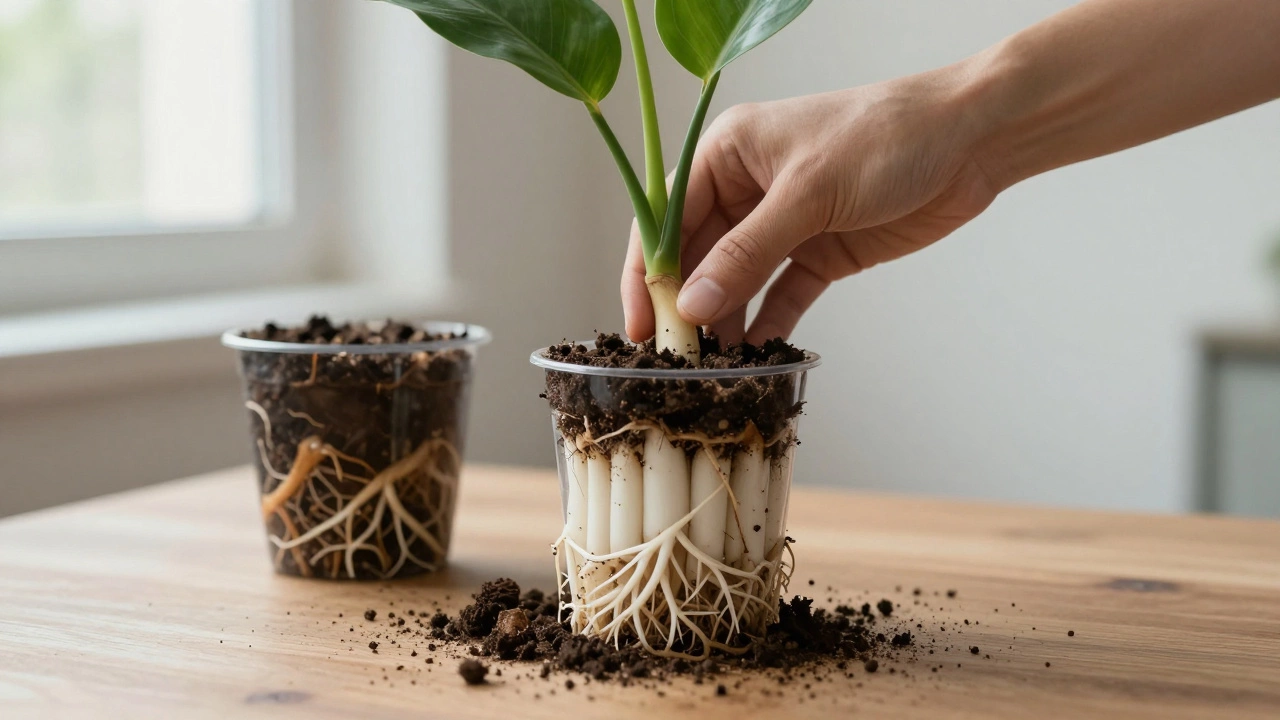 Здоровые и гнилые корни растения, вынутые из горшков на деревянном столе.