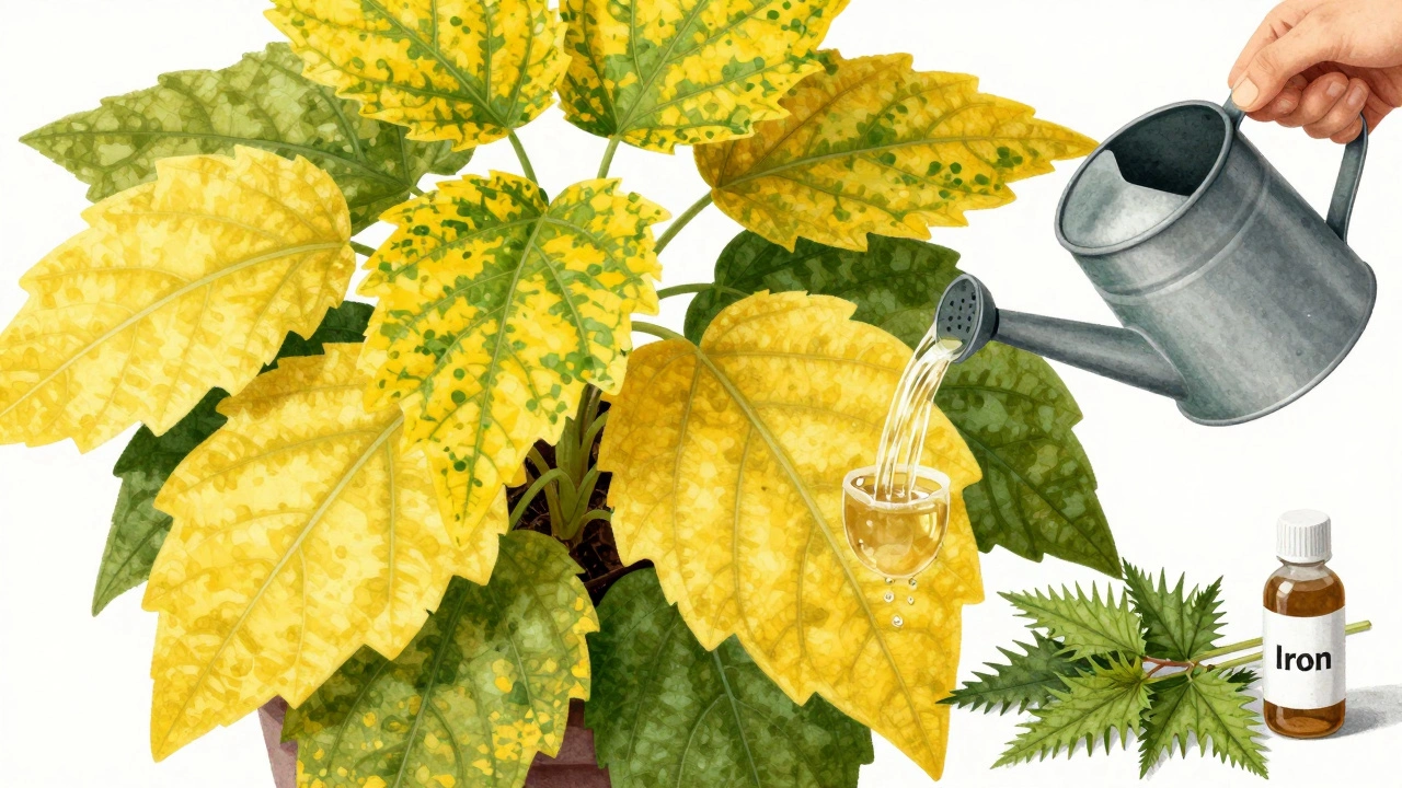 Близкий план растения с пожелтевшими листьями, обрабатываемого настоем крапивы, с элементами удобрений рядом.