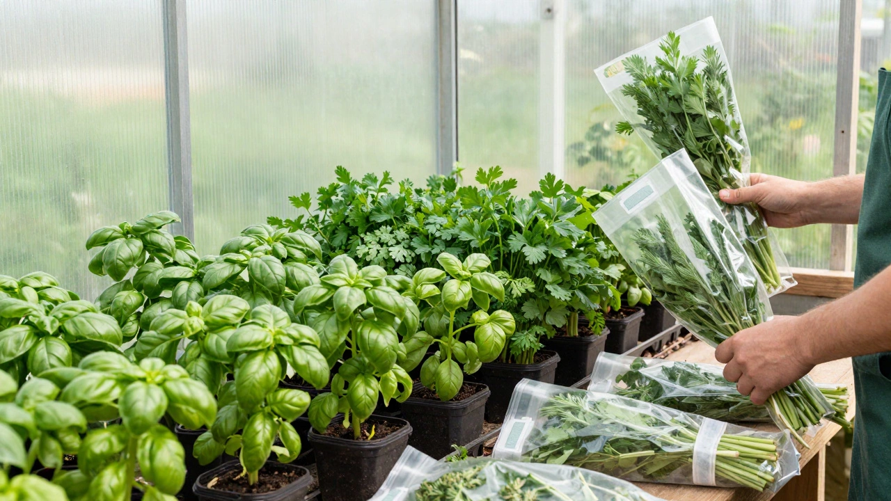 Горшочки с базиликом и петрушкой, свежая зелень упакована в маленькие пакетики для продажи.