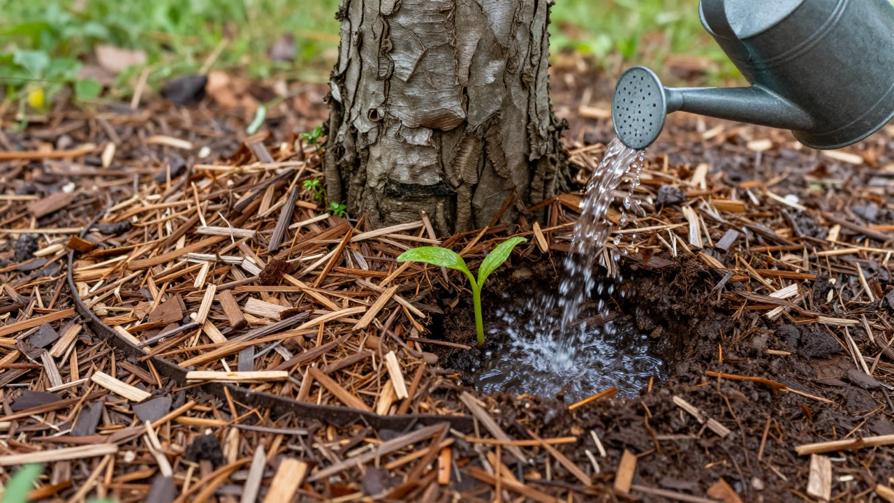 Корневая шейка саженца на уровне земли, мульча вокруг, но не на стволе, и первый побег начинает расти.