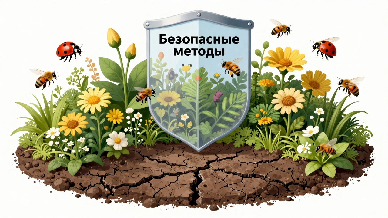 Круговая сцена: полезные насекомые вокруг цветов под защитным щитом, внизу — поврежденная почва от химикатов.