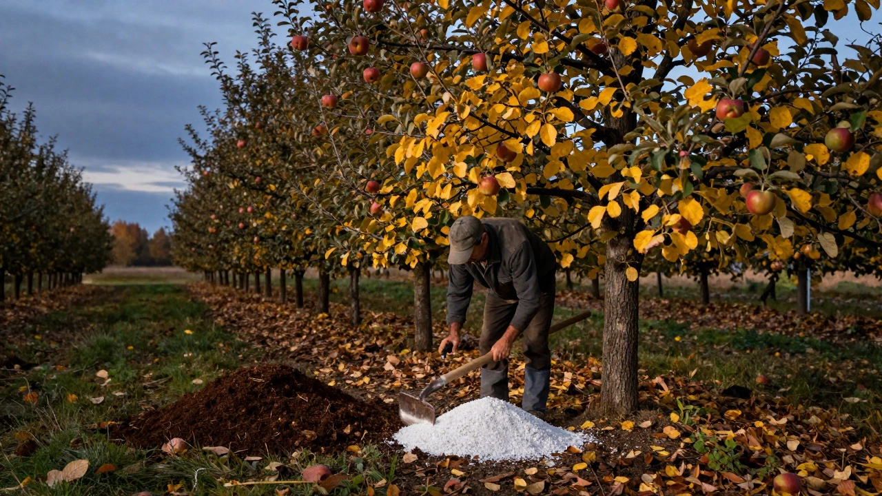 Осенью садовник вносит перегной и суперфосфат вокруг яблони после сбора урожая.