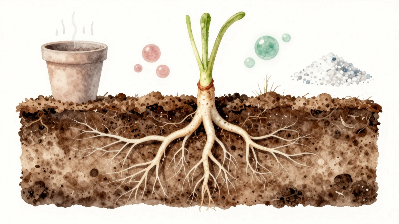 Поперечный разрез корней растения с грибами, поглощающими питательные вещества, на фоне исчезающих признаков стресса.