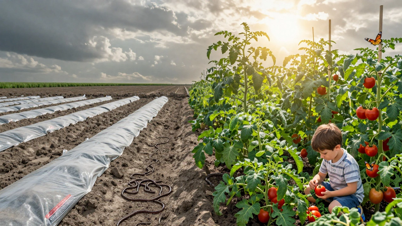 Разделённый ландшафт: слева — мёртвая земля с химикатами, справа — живой органический огород с насекомыми и детьми.