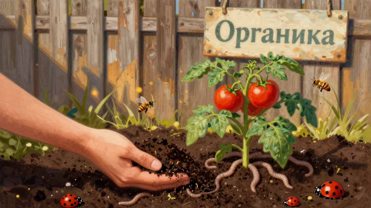 Рука держит готовый компост рядом с помидорами, вокруг — дождевые черви, божьи коровки и пчёлы.