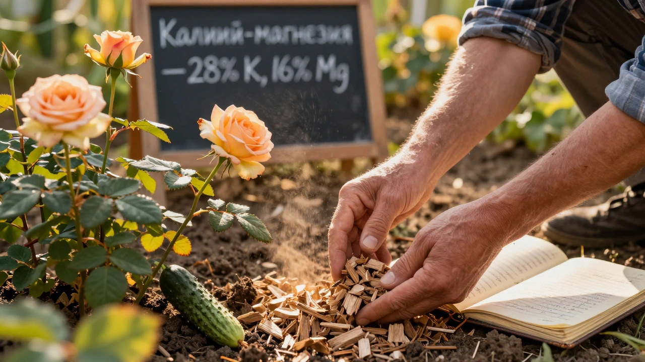 Руки сеют древесную золу вокруг роз и огурцов, на фоне заметна надпись о составе удобрения.