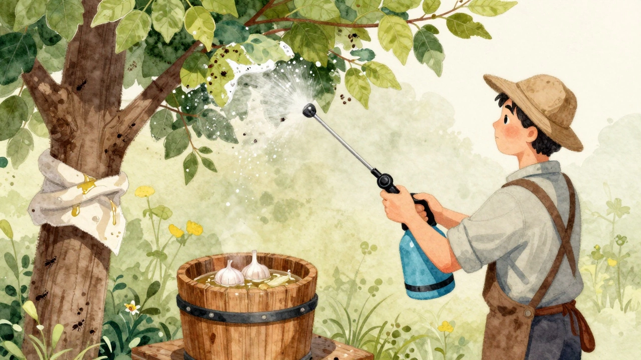 Садовник опрыскивает дерево мыльным раствором, на стволе — липкий барьер от муравьев