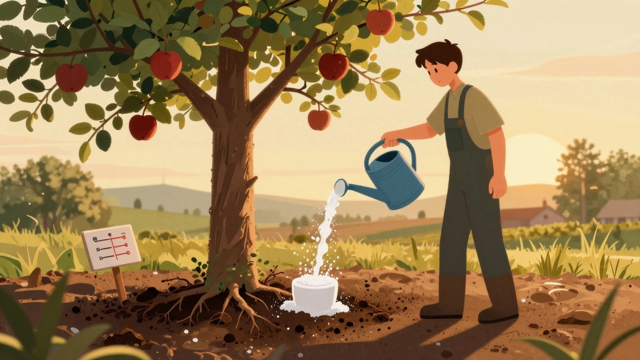 Садовник поливает яблоню раствором удобрений у кроны, а не у ствола, на закате.