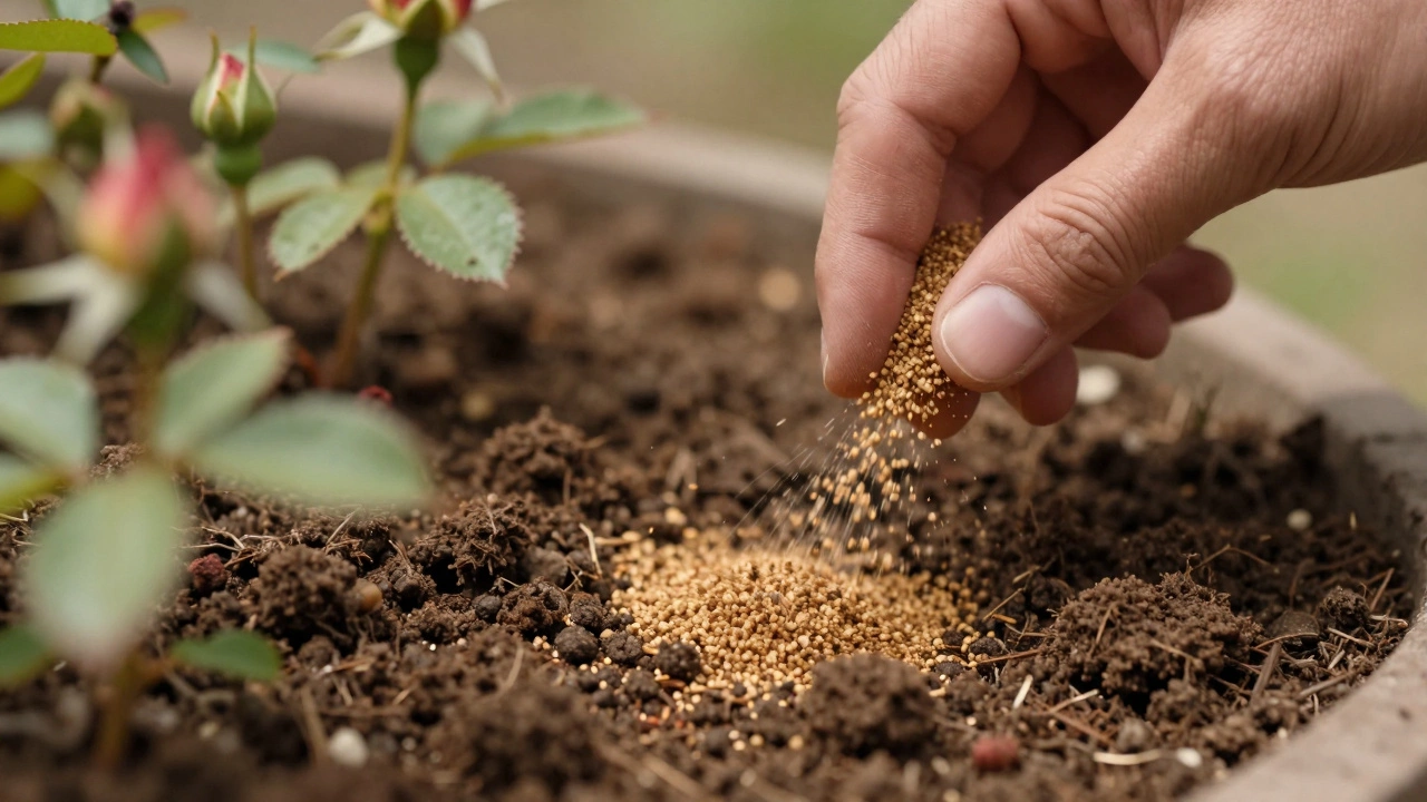 Садовник вносит удобрения в почву роз