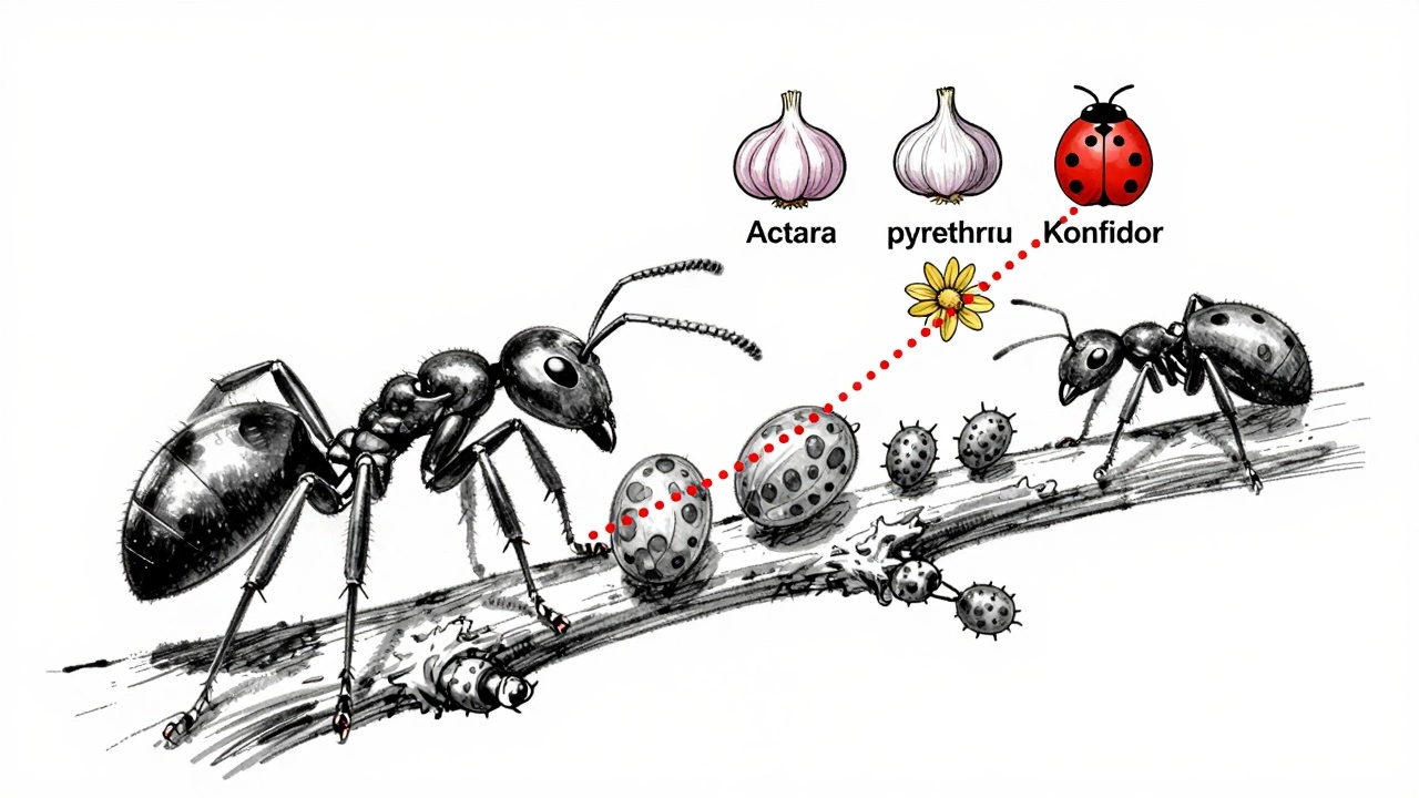 Схема симбиоза муравьёв и тли с запретом на химикаты, заменёнными на натуральные средства