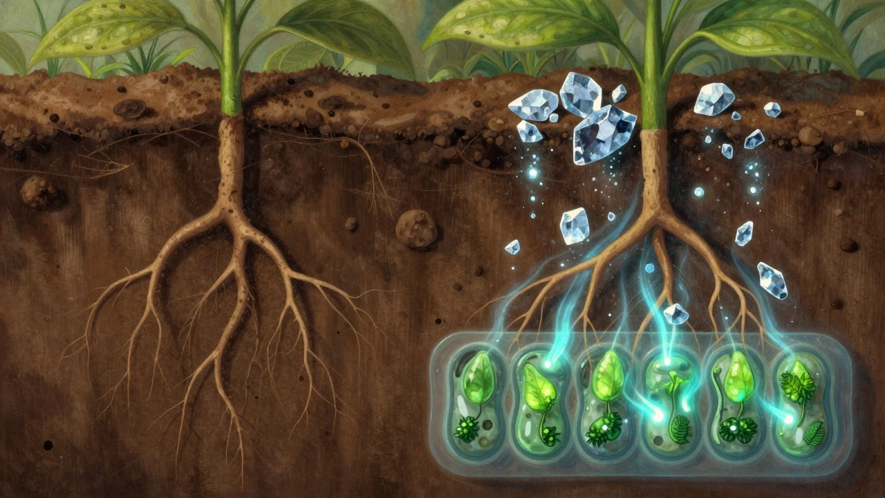 Сравнение истощённой почвы и обогащённой калий-магнезией: корни поглощают питательные вещества с голубым сиянием.