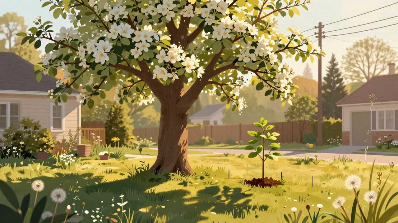 Взрослое яблоневое дерево растёт далеко от дома и линий электропередач, а рядом сажают новое дерево с правильным расстоянием.