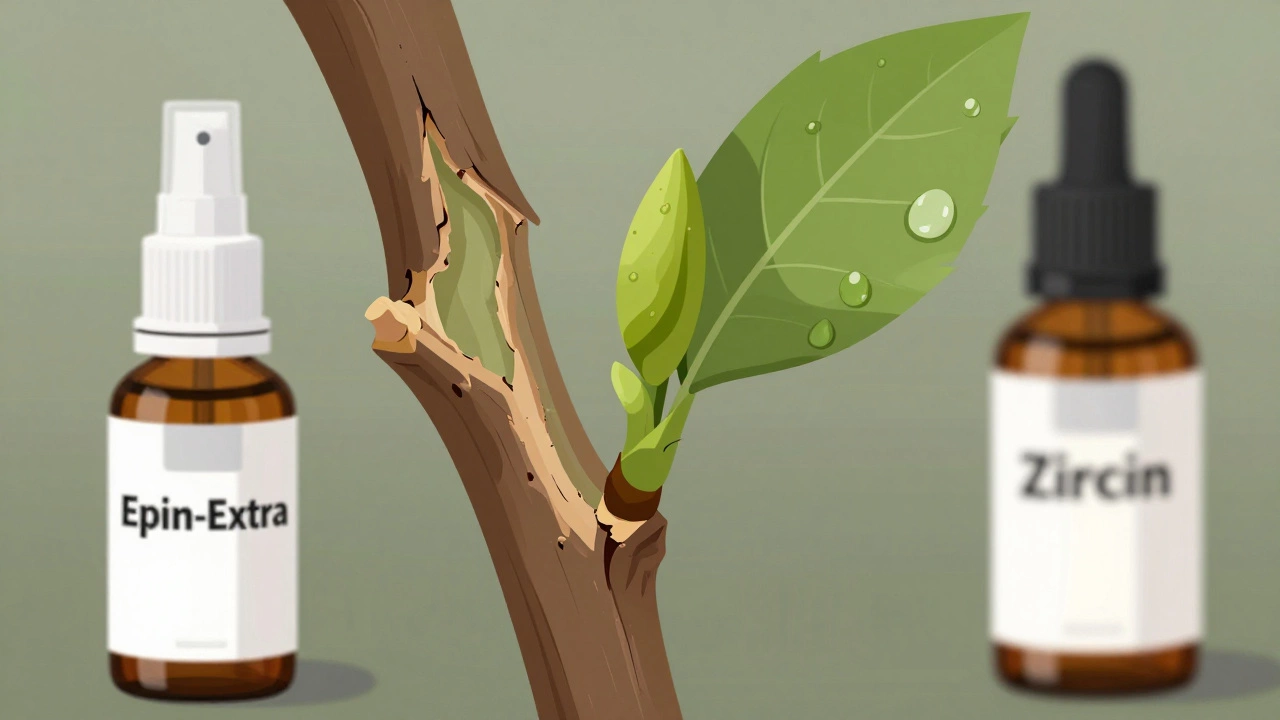 Ближний план повреждённого стебля с зелёной жизнеспособной тканью под корой и новой почкой, на фоне размытых флаконов Эпина и Циркона.