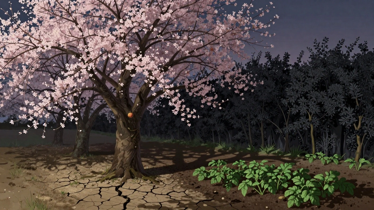 Черешня с поблекшими листьями, рядом — яблоня и картофель, тень и сухая земля.