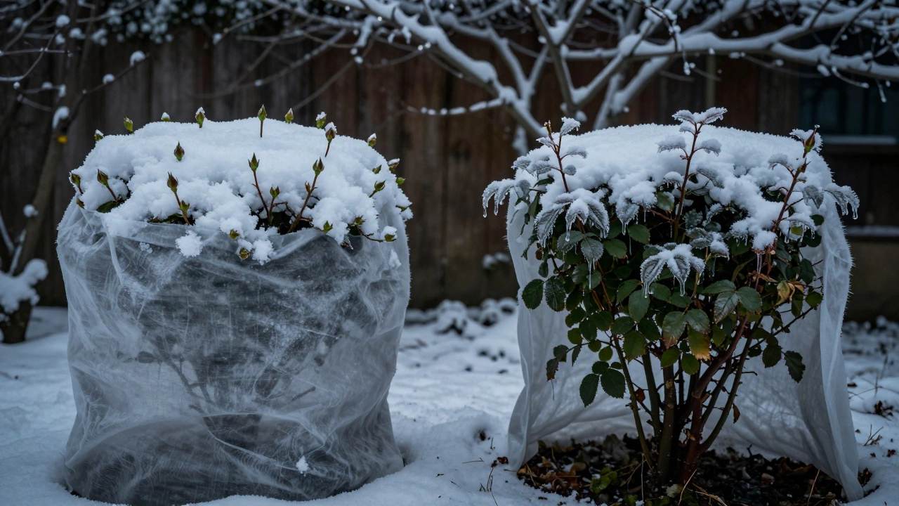 Два куста: один здоровый под правильным укрытием, другой с ледяной коркой из-за неправильной стороны спанбонда.