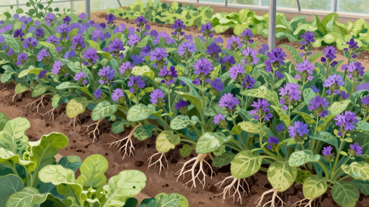 Фацелия цветет на грядке внутри парника как удобрение