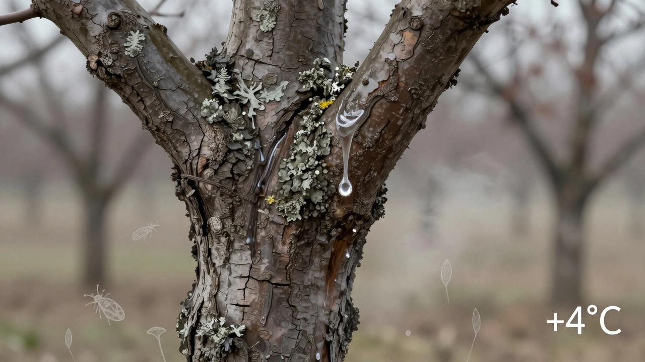 Крупный план ствола фруктового дерева с каплями раствора мочевины на сухой коре в холодную погоду.