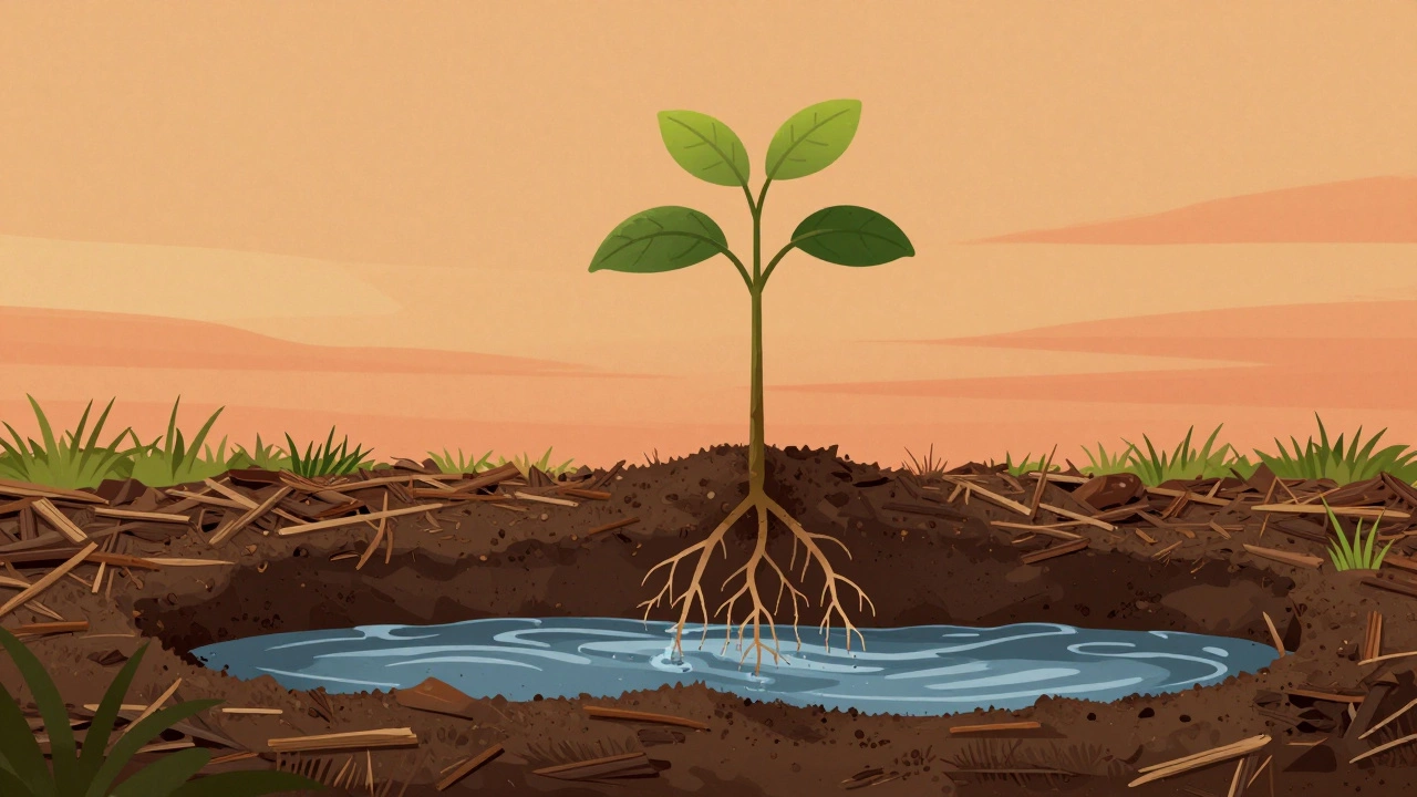 Молодое дерево с корнями, поглощающими медленный поток воды у края посадочной ямы, с мульчей вокруг ствола.