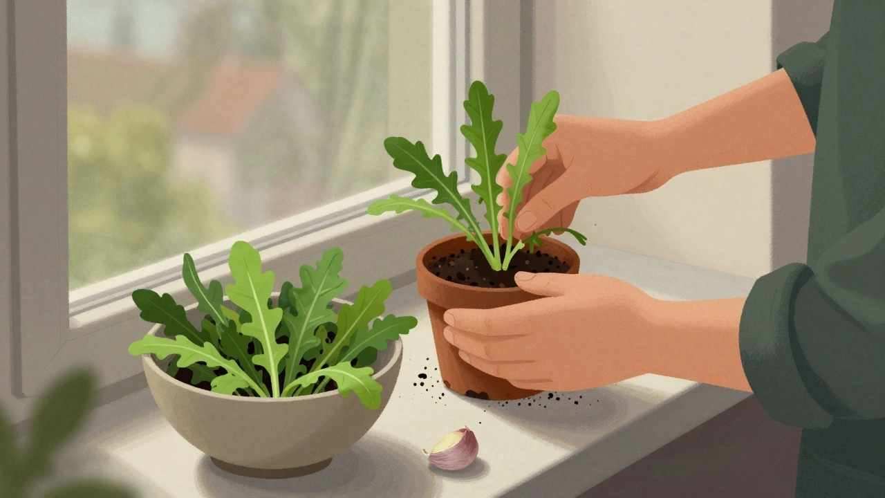 На окне — горшок с рукколой и зубчик чеснока, листья свежие, свет мягкий.