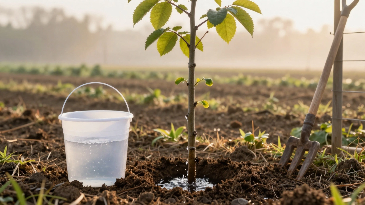 Полив свежепосаженного дерева, шейка находится на уровне земли