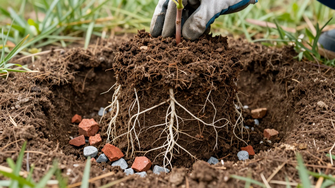 Расправление корней саженца на холмике почвы внутри ямы