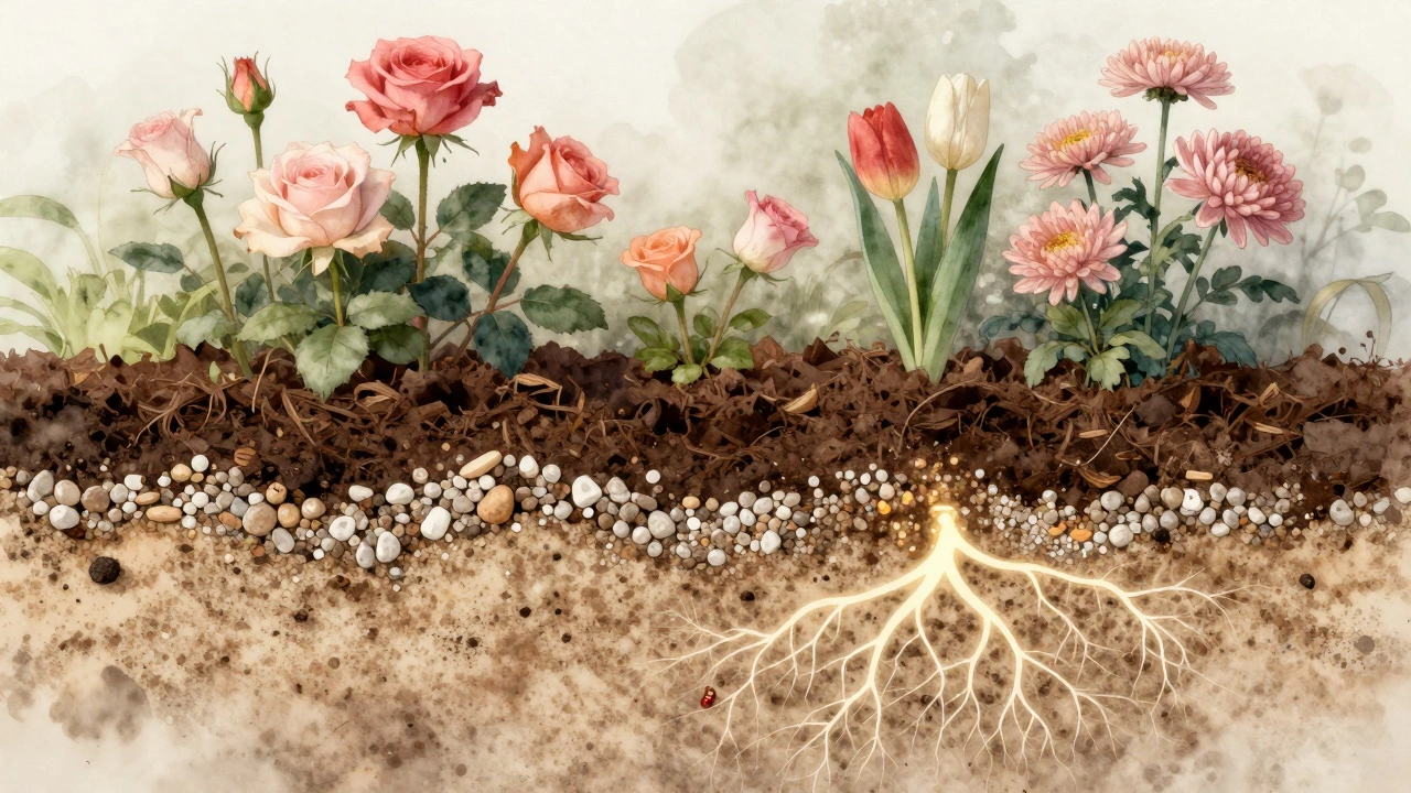 Разрез идеальной почвы с добавками: компост, перлит, вермикулит и песок, с цветущими растениями вокруг.