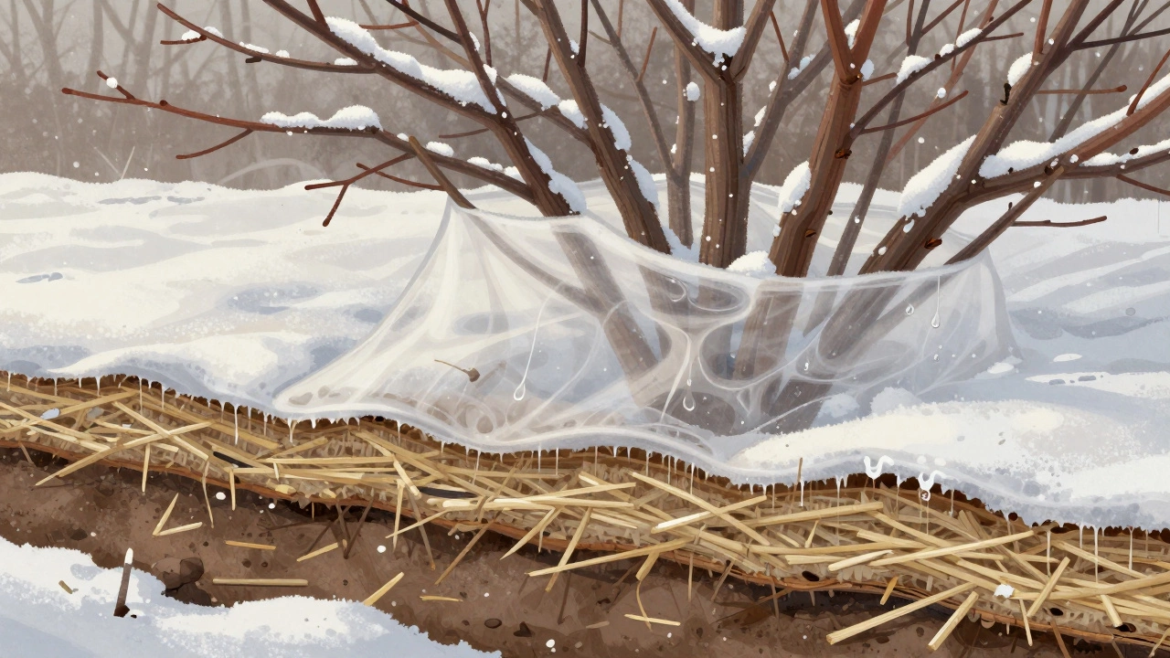 Разрез куста под спанбондом: шероховатая сторона внутри пропускает воздух, гладкая снаружи отталкивает снег.