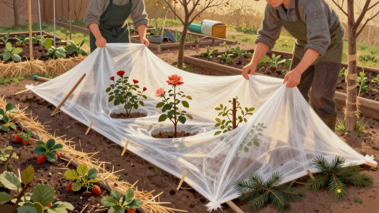 Сад покрыт защитным агроволокном от заморозков