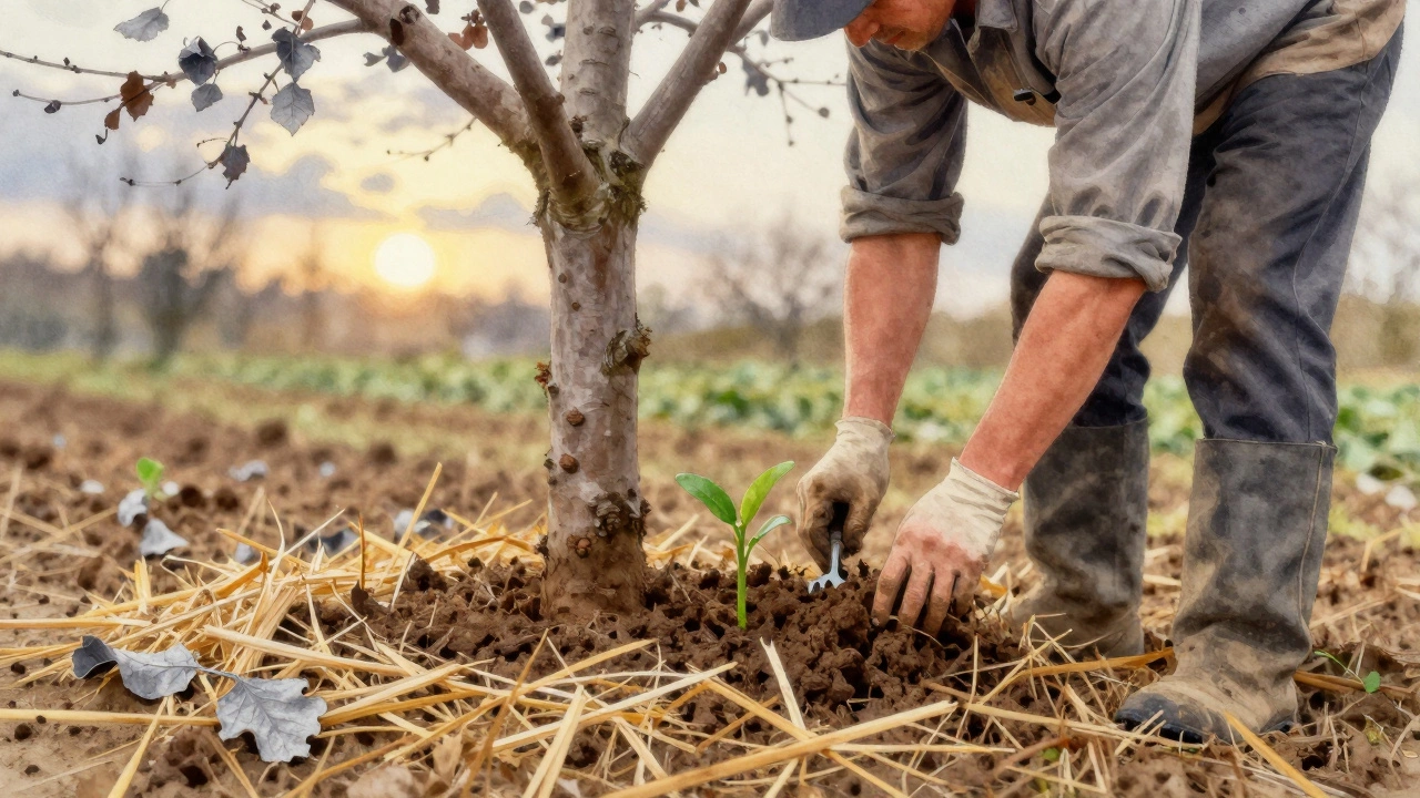 Садовник мульчирует приствольный круг яблони соломой, из земли поднимается зелёный побег, солнце пробивается сквозь облака.