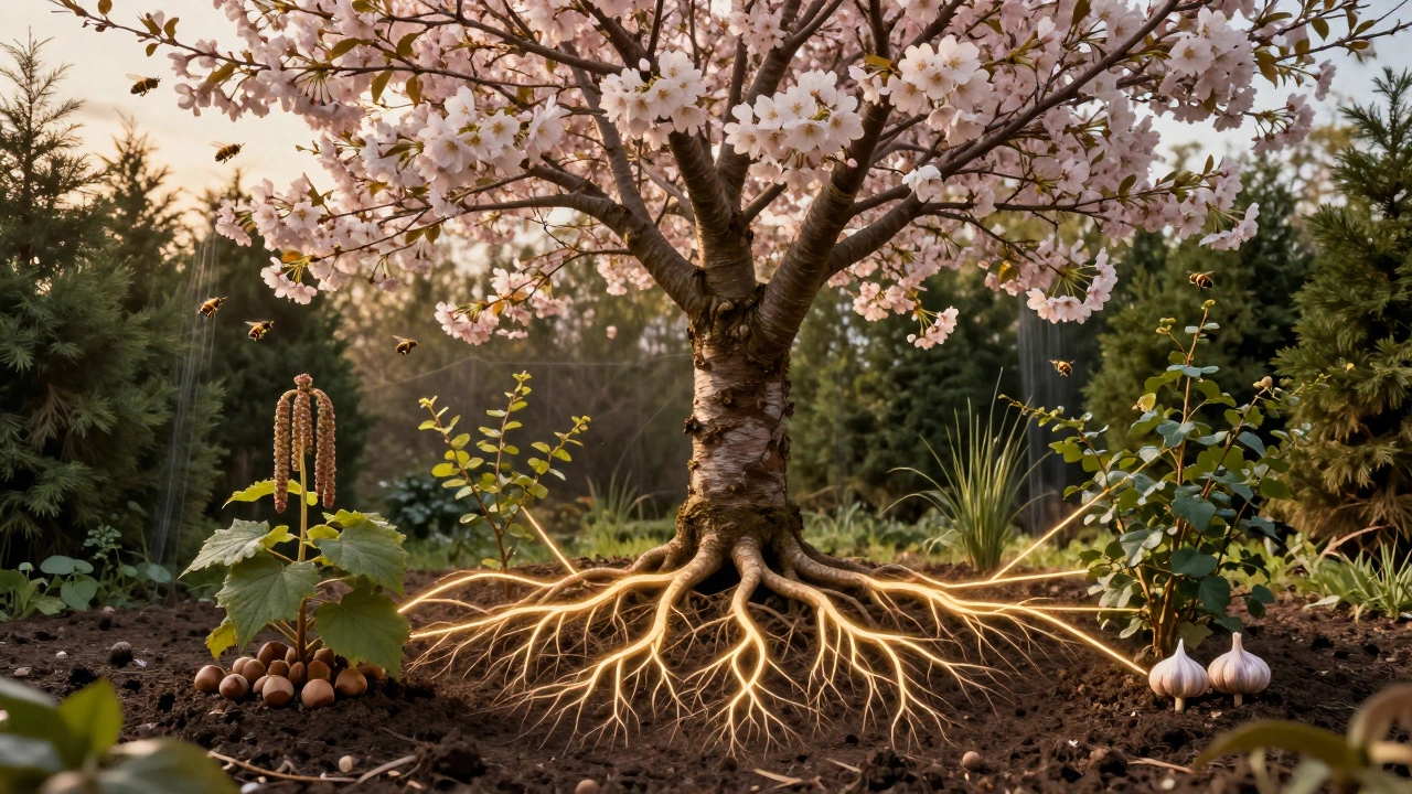 Схема корней черешни с симбиотическими растениями, пчёлы и защитный барьер вокруг.