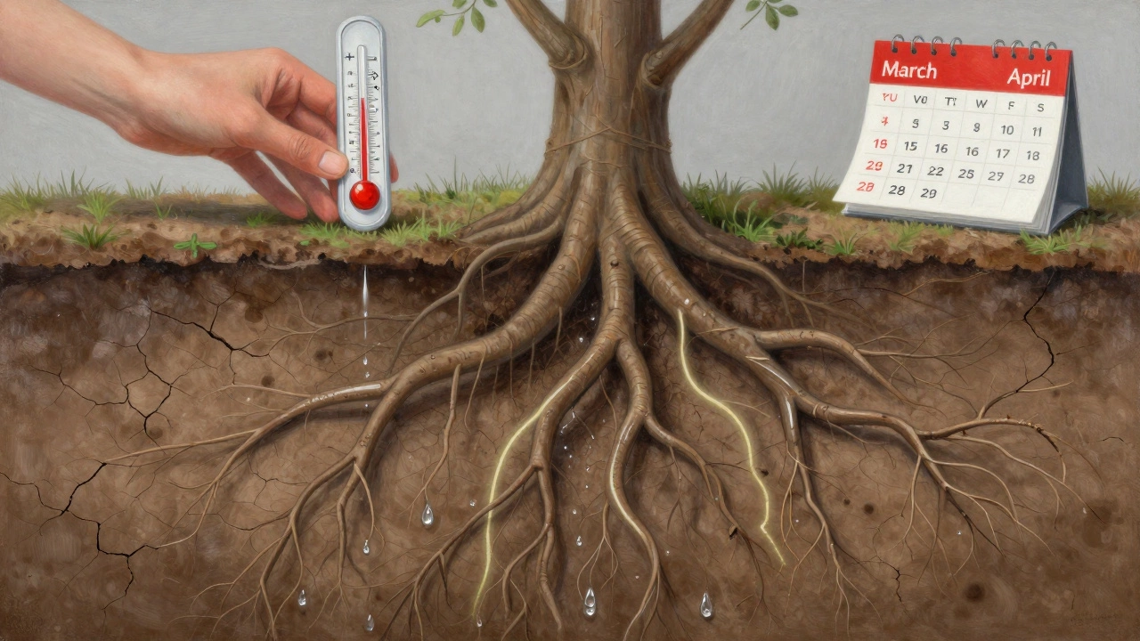Схема корневой системы дерева, где вода проникает глубоко в сухую почву, при температуре +7°C.