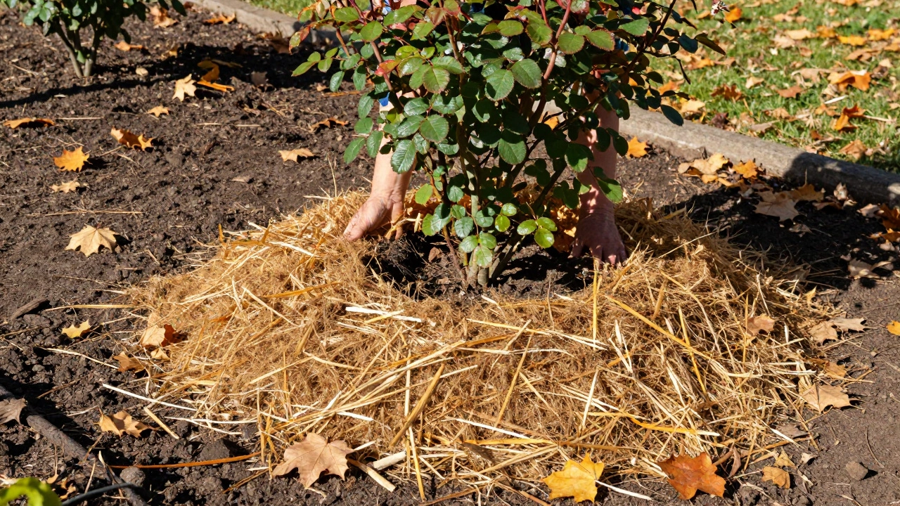 Слой соломы мульчи вокруг куста розы для защиты от мороза