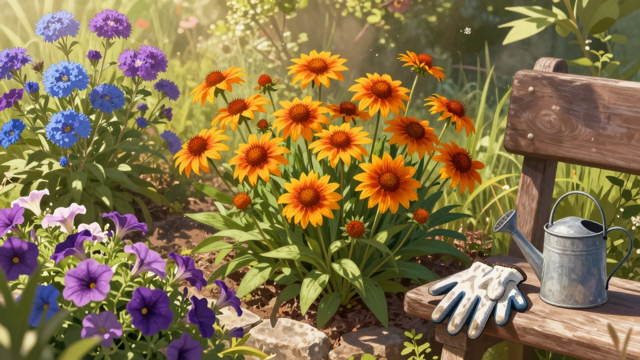 Солнечная клумба с гацанией, агератумом и петунией в конце лета, каменный бортик, садовые перчатки на скамейке.