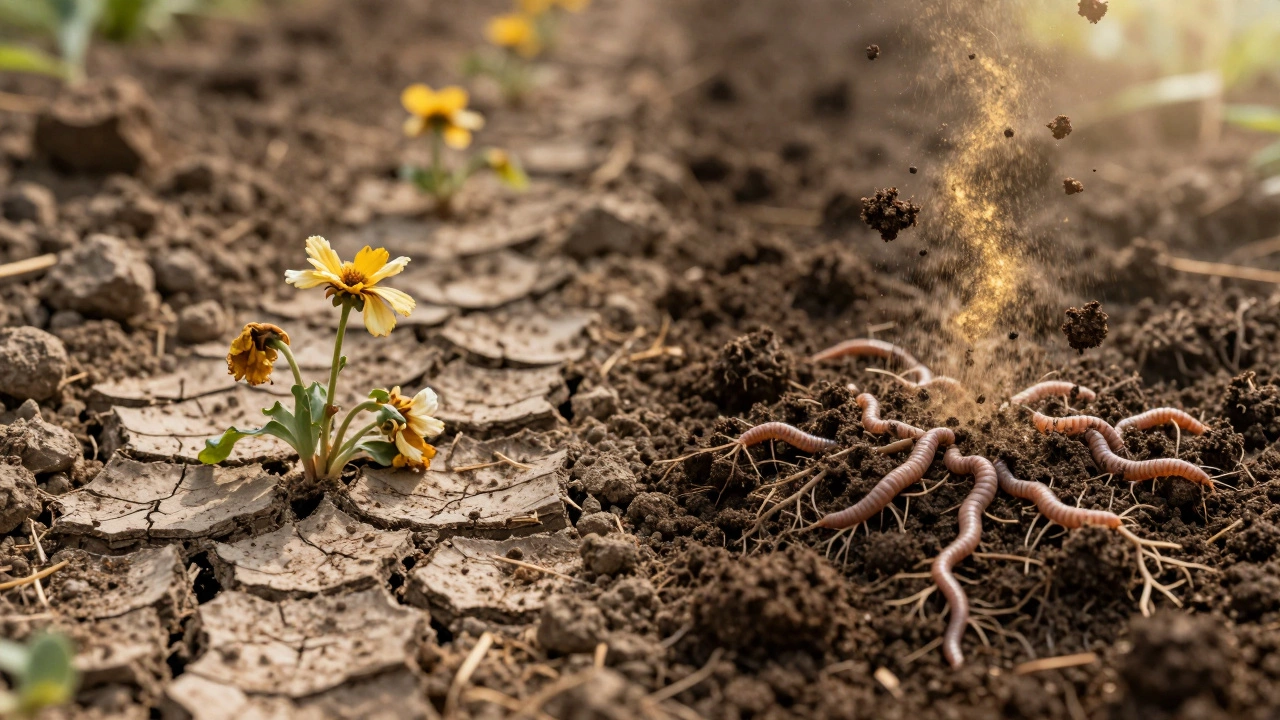 Сравнение бедной и обогащённой почвы: слева — треснутая земля, справа — живая, рыхлая земля с червями.
