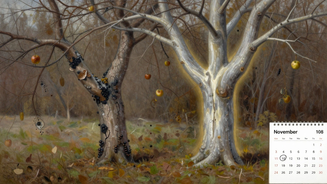 Сравнение здорового и больного дерева: слева — вредители под корой, справа — после обработки мочевиной.