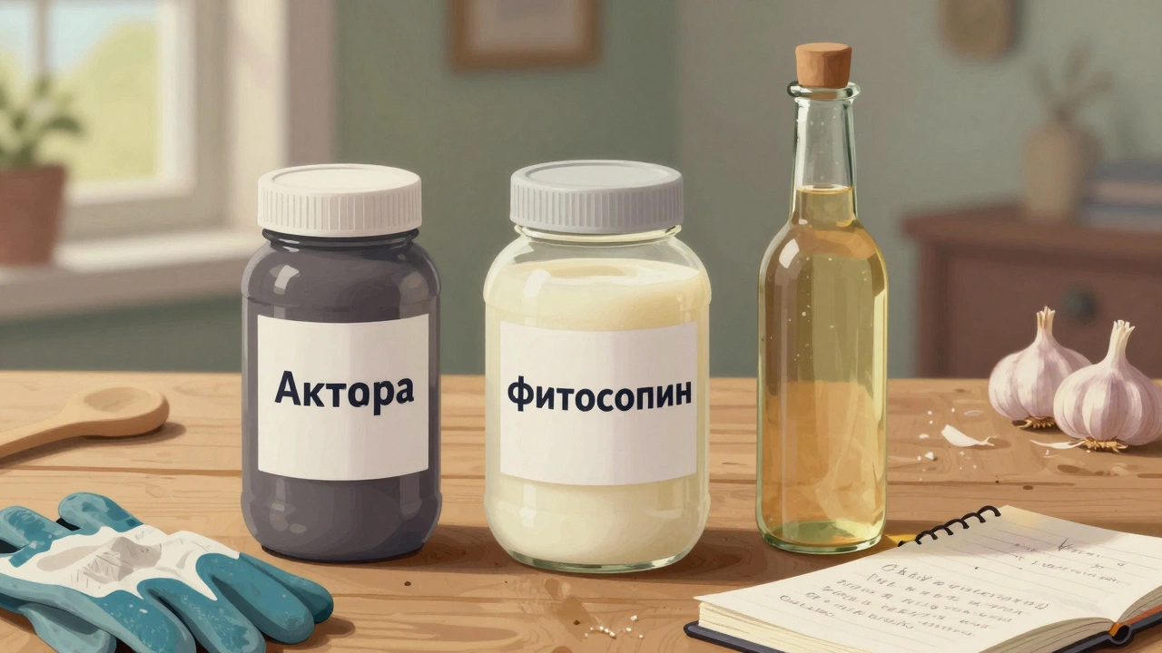 Три банки с разными средствами защиты растений: химикат, биопрепарат и настой чеснока на деревянном столе.