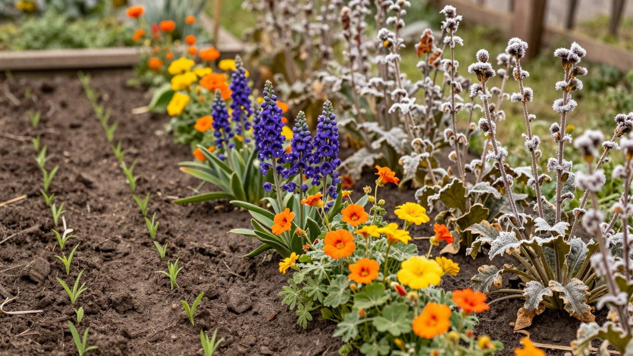 Три этапа цветения в саду: всходы, пик цветения и поздняя осень с лёгким инеем, земляные тона, естественное освещение.