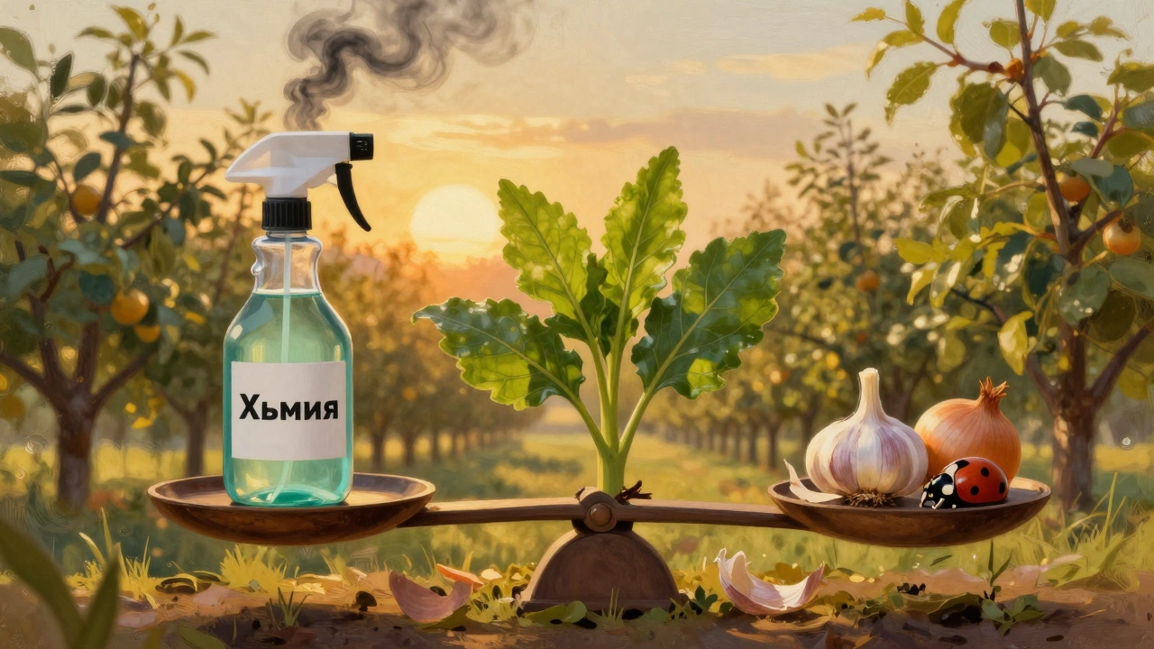 Весы: химия против народных средств, с зелеными листьями и божьими коровками, символизируя баланс защиты.