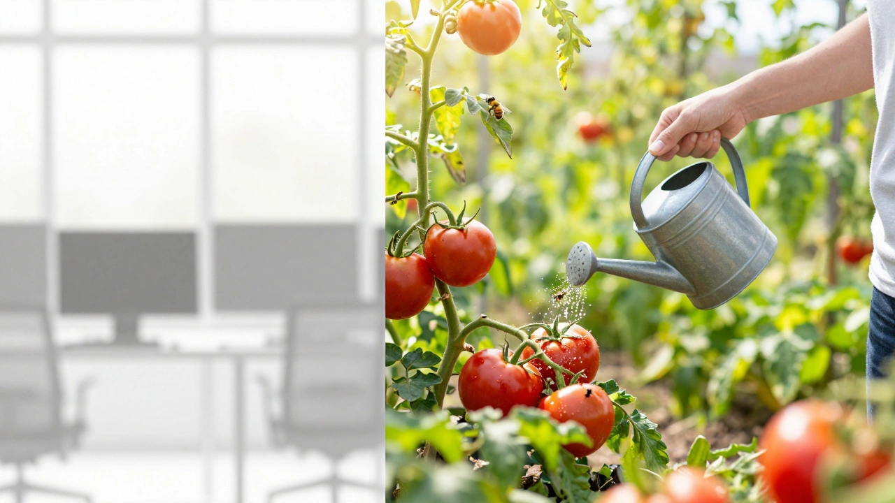 Человек ухаживает за овощами в цветущем органическом саду