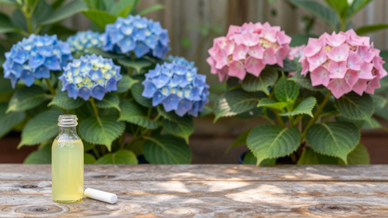 Цветущие гортензии и средства для регулировки кислотности воды на столе